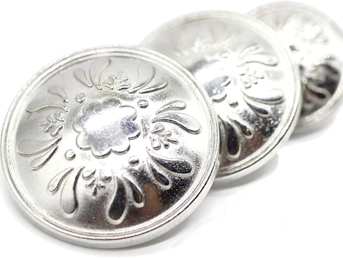 Silver Metal Shank Buttons - 12 Pcs - 3 Size Options - Floral Round Metal Shank Buttons for Men Women Blazer Coat Uniform Shirt Suit and Jacket Sewing Craft DIY N5803