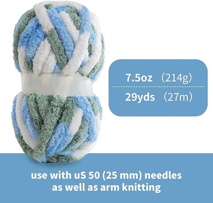 HOMBYS 8 Pack Giant Chunky Yarn for Crocheting,Super Bulky Large Soft Fluffy Yarn,Tie Dye Plush Fuzzy Yarn,Mixed Color Thick Chenille Yarn for Hand Knitting/Arm Knitting (Sky Blue,Green,White)