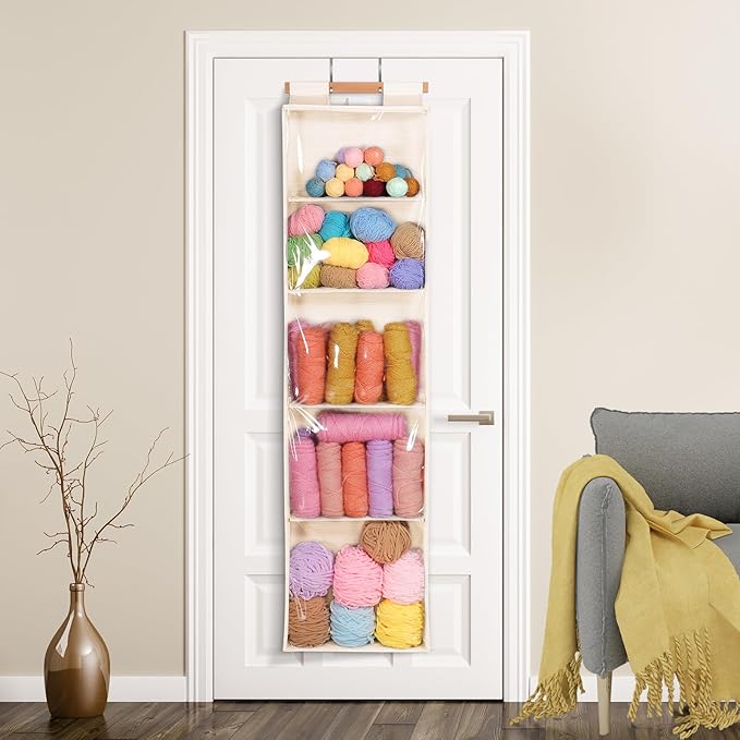 Hanging Yarn Storage with 5 Large Pockets, Clear Knitting Organizer Storage with Zippers for Crochet Lovers, Hanging Yarn Holder with Over-Door Hooks for Knitting Needles Crochet Hooks,Beige