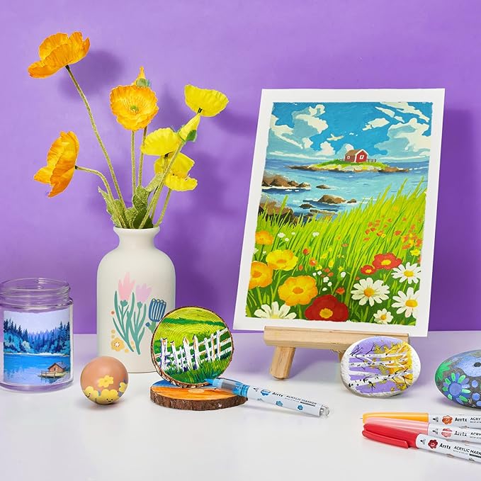Arrtx 60 Colors Acrylic Markers - Brilliant & Vivid, Water-Based Quick-Dry Ink, Flexible Brush Tip, Waterproof After Drying, Non-Toxic, for DIY Project,Metal,Glass,Fabric,Plastic Multiple Surfaces