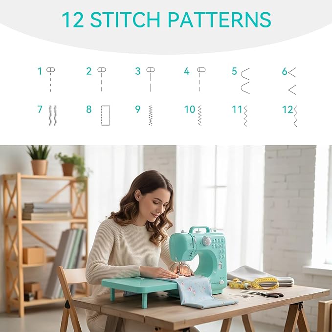 Sewing Machine for Beginners with Extension Table, Mini Electric Portable Sewing Machine with 12 Stitches LED Light and Accessories Kit for Home DIY Sew Project Cyan