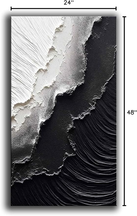 YaSheng Art - Thick Texture Abstract Oil Painting Hand-Painted sea wave Black and White Wall Art Minimalist modern Art Paintings Home Living room Room Dining Room Bedroom Wall Decorative Art Oil Painting 24x48inch