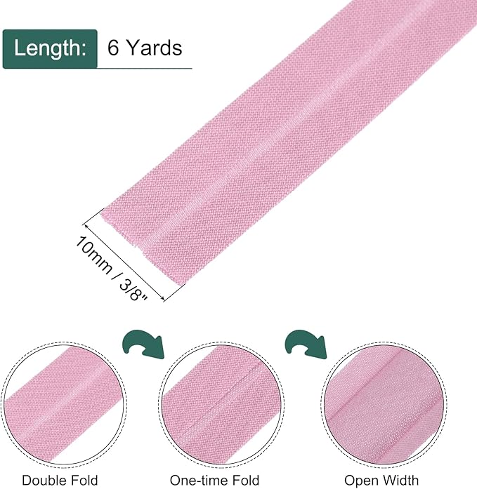 MECCANIXITY 2/5 Inch Double Fold Bias Tape Cotton Continuous Bulk Bias Tape for Sewing,Seaming Quilting Hemming Binding Crafts (Pink 6 Yards)