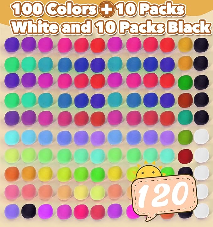 Air Dry Clay for Kids 120 Packs Air Foam Clay, 100 Customized Colors, More White and Black Magic Clay, Non-Sticky Soft and Super Light Clay with Sculpting Tools, Guide, 3 Age+