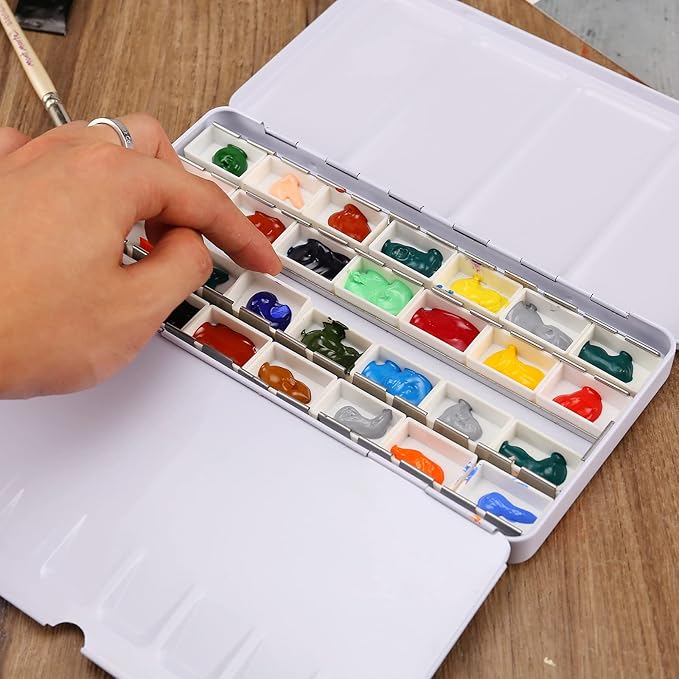 MYARTOOL Empty Watercolor Palette, Metal Watercolor Tin with Fold Out Palette, Watercolor Paint Tray Palette with 24 Watercolor Full Pans for Plein Air Painting and Sketching
