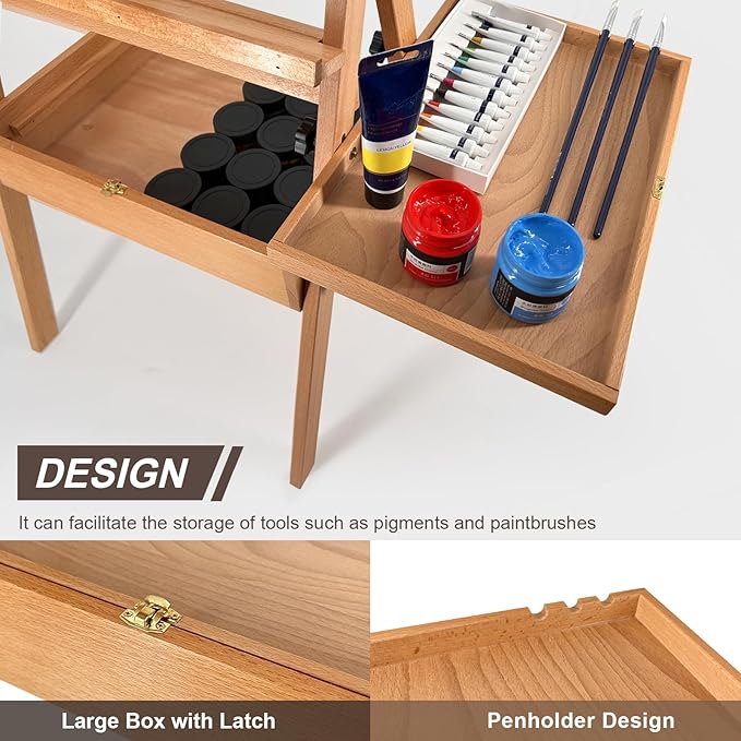 Large Solid Beech Wood Painting Easel with Storage Drawer and Palette (60"~75" H), H-Frame Foldable Wooden Easel Stand with Signature Box for Adults and Students, Holder up to 36''