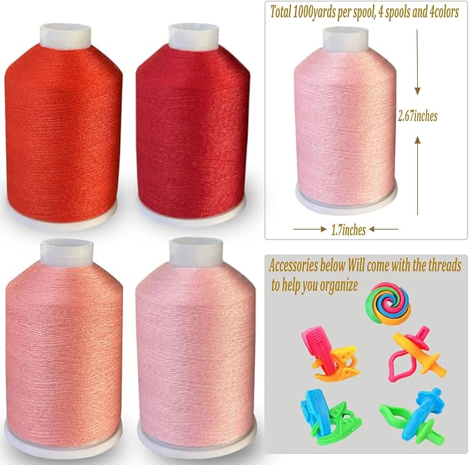 Sewing Thread 4 Colors Set 40s/2 for Sewing Machine，Quilting，Hand Sewing Total 4000yards（red Series）