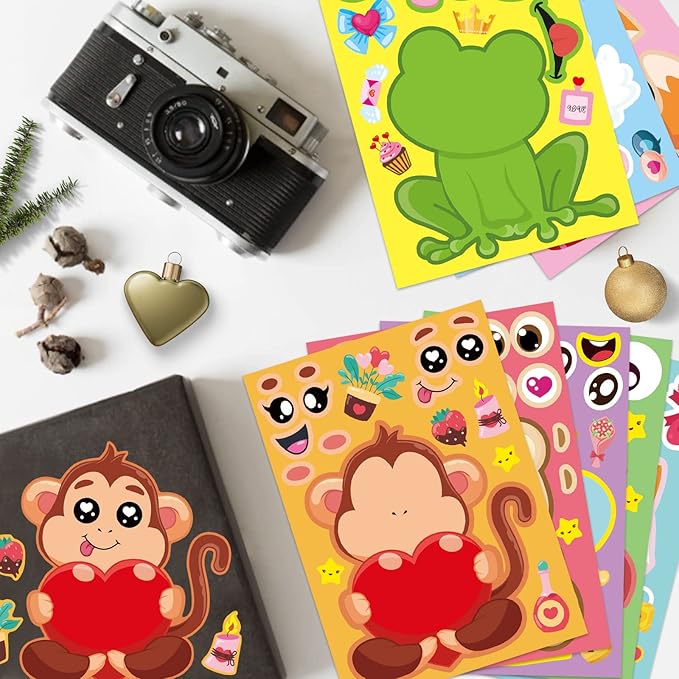 32 Sheets Valentine Stickers for Kids, Valentine' s Day Make a Face Stickers, Make Your Own Valentine Stickers 8 Designs of Animal Little Angel Sticker, Valentines Crafts Love Heart Sticker
