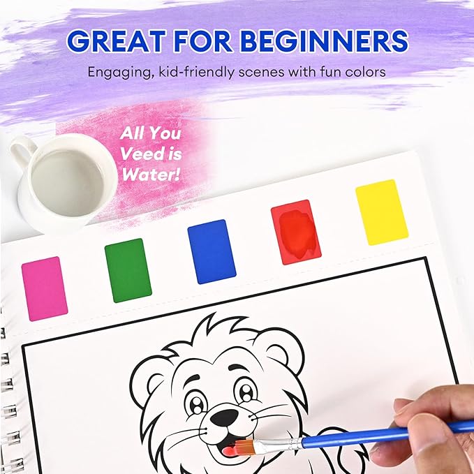 Watercolor Workbook, 30-Page Water Painting Book with 2 Brushes – Mess-Free Reusable Arts & Crafts Gift for Kids