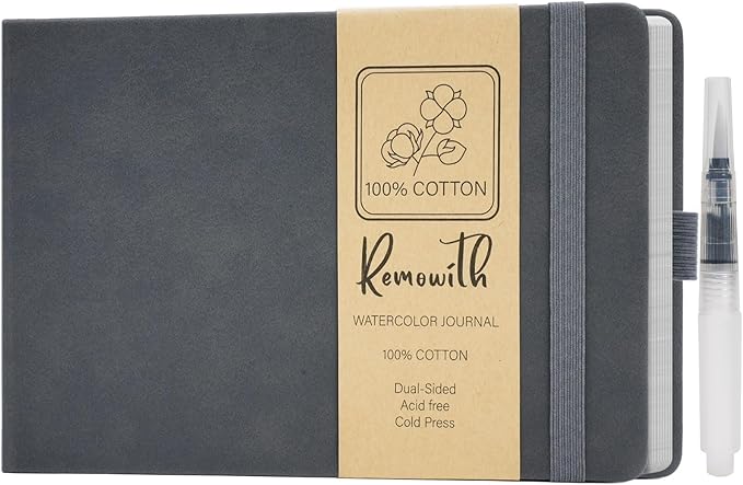 Remowith Leather Cover Watercolor Sketchbook, 9"x5.5" Journal, 300gsm Cold Press Cotton Paper (24 Sheets/48 Pages), Perfect Watercolor Journal for Markers, Pastels, Darkgrey