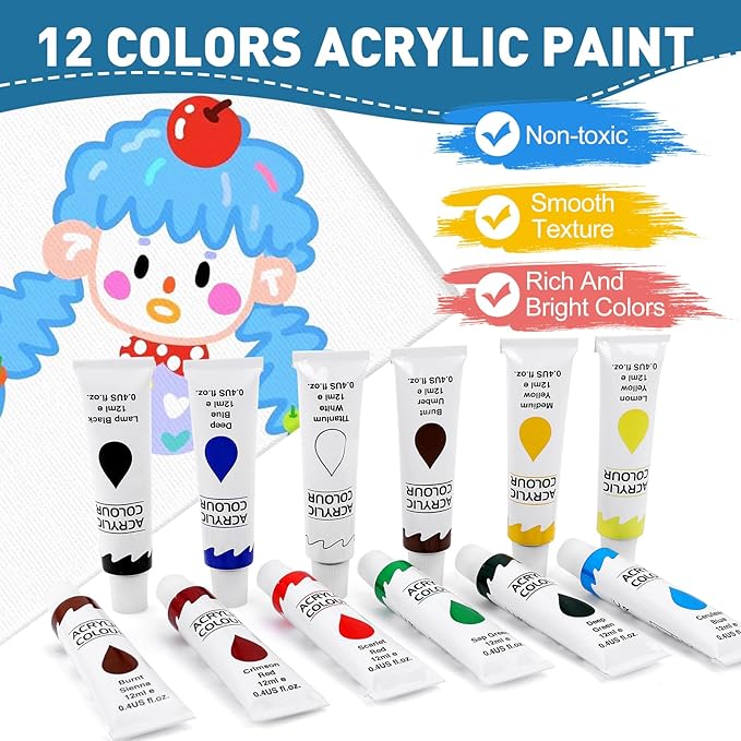 ESRICH 52PCS Acrylic Paint Canvas Set, Acrylic Painting Kit with 2 Set of 12 Colors Acrylics Paint,Paint Brushes,Canvas, Wooden Easels, Art Plates, Art Painting Supplies for Kids Adults Beginners