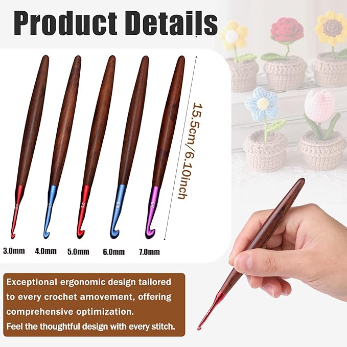 Giwrmu 5 Pcs Crochet Hooks, 3.0mm/4.0mm/5.0mm/6.0mm/7.0mm Ergonomic Crochet Hook, Colored Aluminum Crochet Hook with Wooden Handle Crochet Needle for Crocheting Yarn