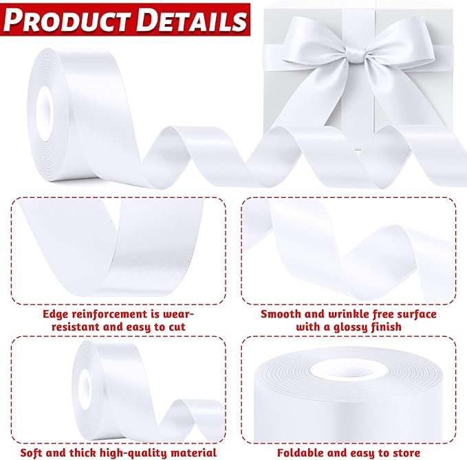 Fullive White Ribbon for Gift Wrapping, 30 Yards White Ribbon 1 1/2 Inch, Solid Polyester Satin Wedding Ribbons for Wedding Christmas Decorations DIY Hair Bows Wrapping Bouquet Floral Arrangements