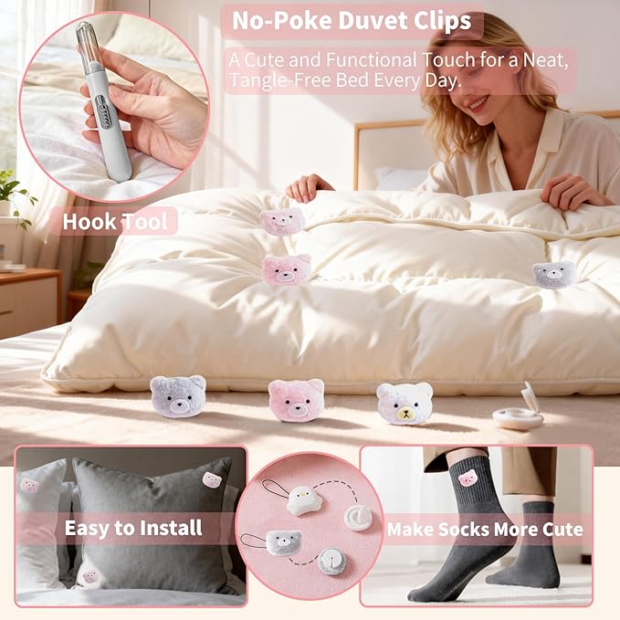 8 Pcs Duvet Clips with Pins Quilt Fixer,Non-Slip Duvet Cover Clips,Duvet Clips to Hold Comforter Inside,No Needles，Bear Pattern(Inc Hook Tool,Storage Box)(Pink)