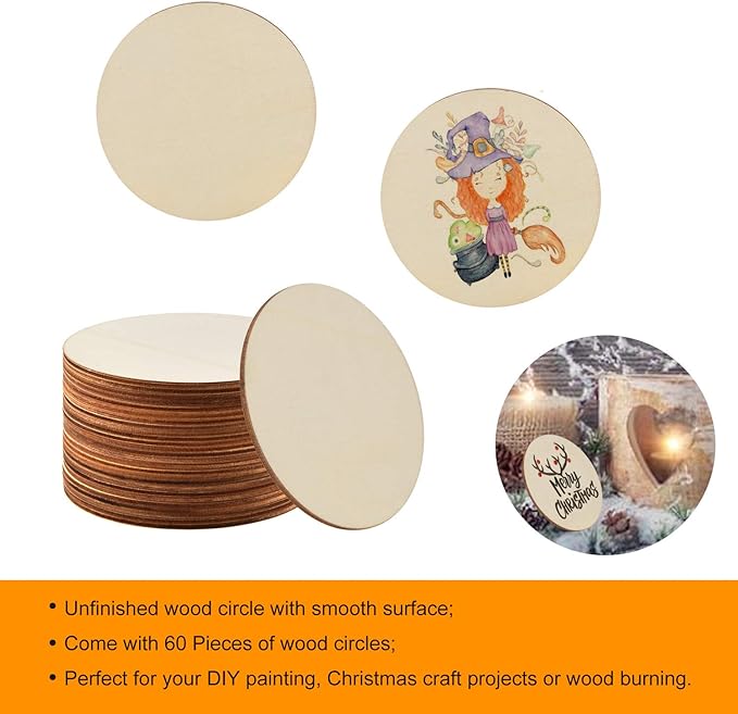 Coopay 60 Pieces 4 Inch Wooden Circles, Unfinished Round Wood Slices Natural Wooden Cutouts for Door Hanger, Painting, Wedding, Home Decoration DIY Wood Craft Supplies