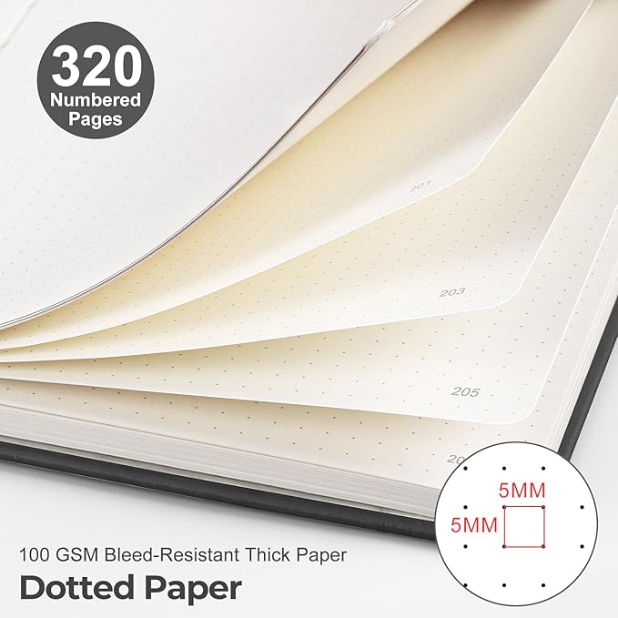 EMSHOI Bullet Dotted Journal Notebook - 320 Pages, 100gsm Thick Paper, A5 Hardcover Leather, Dot Grid Notebook for Women Men Work Writing, Bullet Journaling, Drawing, 5.75 x 8.38, Black