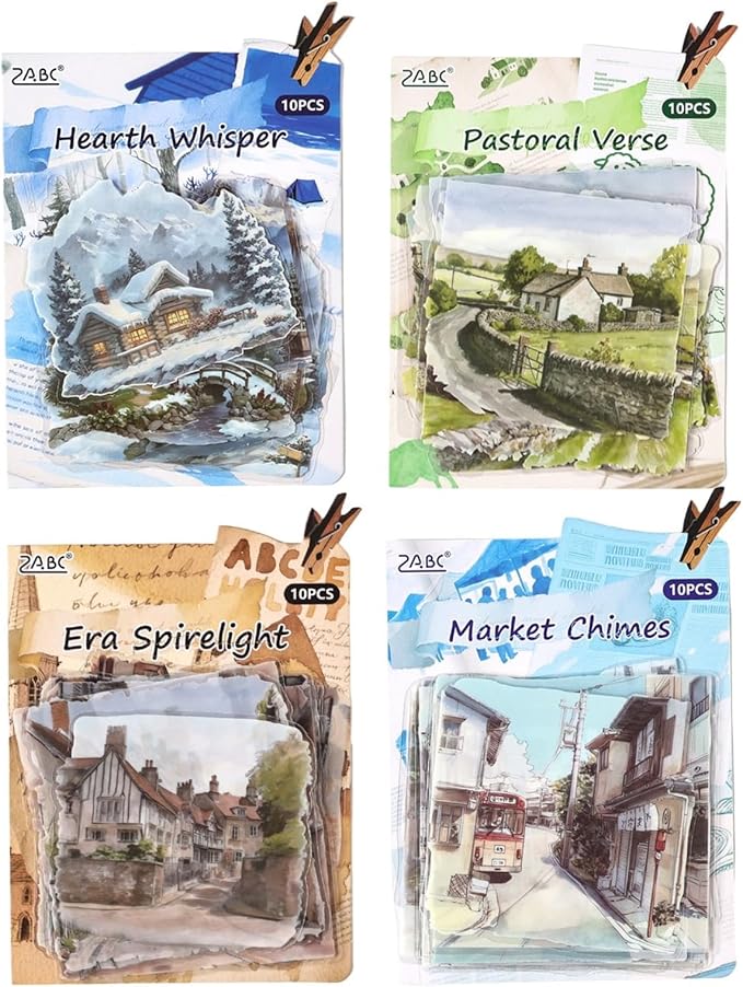 40 PCS Vintage Street Pastoral Christmas Snow House Scenery PET Stickers, 4 Pack Aesthetic Decorative Large Size Stickers for Scrapbooking, Journaling, Waterproof DIY Crafts and Junk Journal