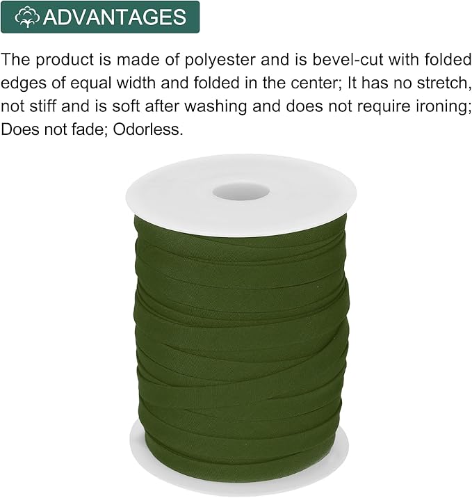 MECCANIXITY 2/5 Inch Double Fold Bias Tape Polyester Continuous Bulk Bias Tape for Sewing,Seaming Quilting Hemming Binding Crafts (Army Green 55 Yards)