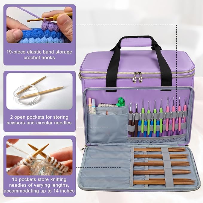 Anitor Large Crochet Bag Knitting Bag Yarn Storage Tote, Yarn Bag with Clear Top Lid, Unfinished Project Compartment, 6 Yarn Holes. Holds Knitting Needles, Crochet Hooks, Yarn, Purple, (Bag Only)