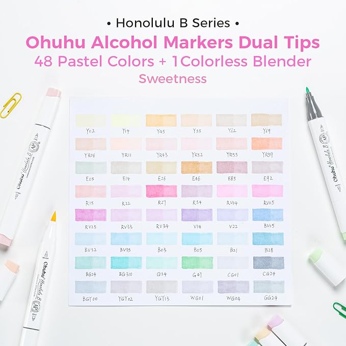 Ohuhu Pastel Markers Brush Tip, Alcohol-based Markers Double Tipped Artist Art for Sketch Adults' Coloring Illustration, 48 Pastel Colors +1 Alcohol Marker Blender + Marker Case, Brush & Fine