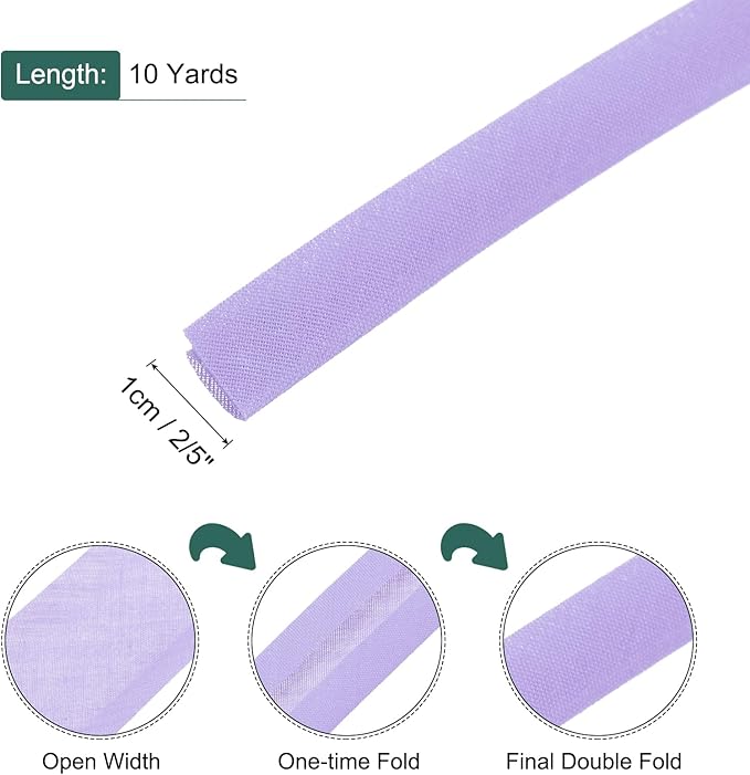 MECCANIXITY 2/5 Inch Double Fold Bias Tape Polyester Continuous Bulk Bias Tape for Sewing,Seaming Quilting Hemming Binding Crafts (Light Purple 10 Yards)