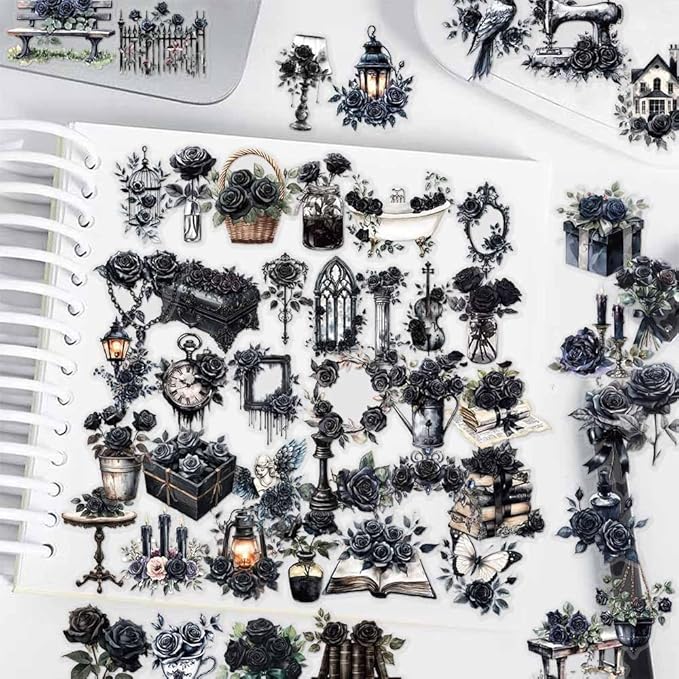 50-Piece Gothic Black Rose Stickers - Vintage Transparent Waterproof Scrapbook Stickers for Journaling, Gothic Decor, Planners - Dark Aesthetic with Floral, Book, Candle, Angel
