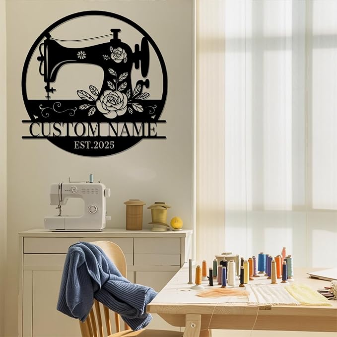 Custom Sewing Machine Sign with Name, Personalized Quilting Supplies Craft Room Metal Wall Decor, Customized Quilting Gifts for Quilters Women Mom Grandma Wife Sewing Lover