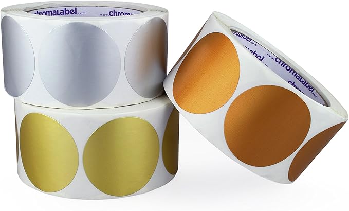 ChromaLabel 2 Inch Metallic Color Code Dot Stickers, Assorted Gold, Silver, Bronze, 500 Labels per Roll