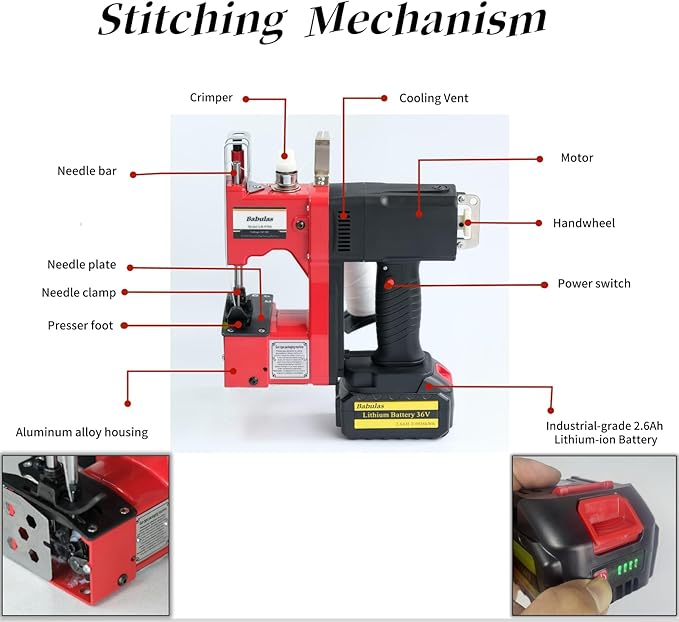 Cordless Bag Sewing Machine | Portable Industrial Bag Closer | 2-Second Fast Sealing for Woven PP/Canvas/Jute Bags | Factory & Farm Bag Stitcher (Red, Lithium Battery - 36V DC)