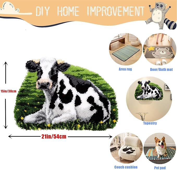EMISTEM Latch Hook Kits for Adults - DIY Latch Hook Rug Kits, Crochet Kit for Beginners, Rug Making Kits with Printed Canvas, Gift Packaging. (Cow,21x16 inch)