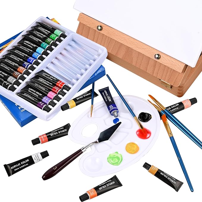 Tabletop Easel Acrylic Paint Set, 40 Pack Painting Kits for Adults, Painting Supplies with 24 Acrylic Paints, 10 Brushes, Art Easel, Paint Palette, Canvas, Paint Set Gifts for Students Artist Beginner