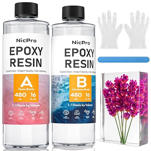 Nicpro 32 Ounce Crystal Clear Epoxy Resin Kit, High Gloss & Bubbles Free Resin Supplies for Art Coating and Casting, Craft DIY, Wood, Tabletop,Molds, River Tables