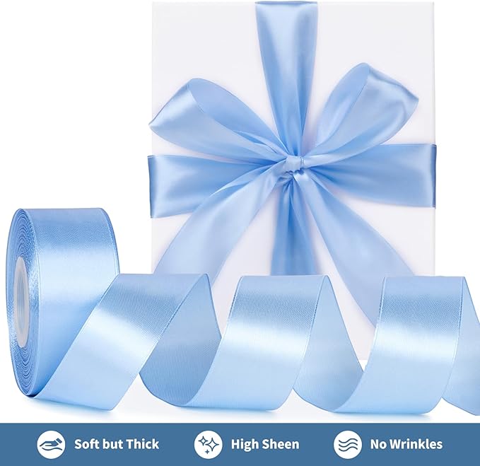 1-1/2 Inch Wide Sky Blue Satin Ribbon, 50 Yards Solid Polyester Fabric Ribbon for Roses Making, Gift Wrapping, Valentine's Day, Wedding Decorations, Crafts, Bows