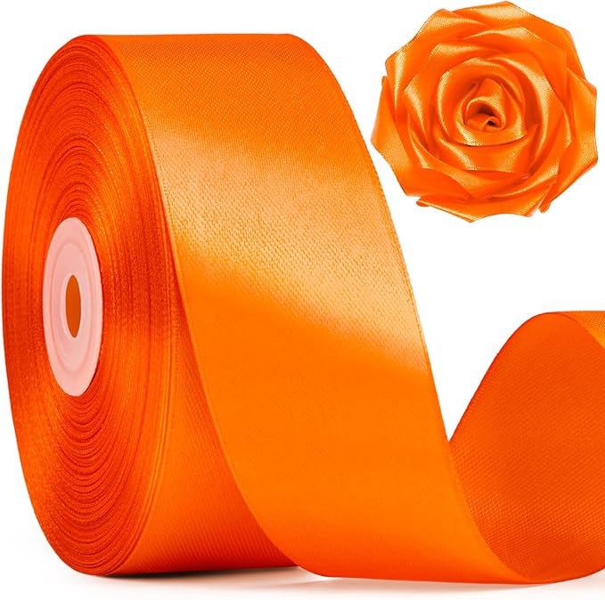 1-1/2 Inch Wide Torrid Orange Satin Ribbon, 50 Yards Solid Polyester Fabric Ribbon for Roses Making, Gift Wrapping, Valentine's Day, Wedding Decorations, Crafts, Bows, Flower Bouquets