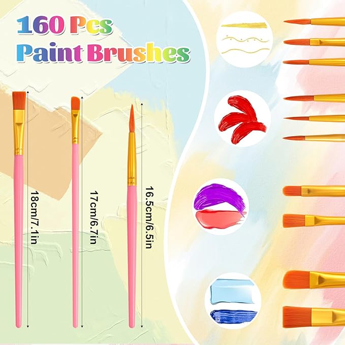 Acrylic Paint Brushes,160 pcs Artist Paintbrushes,Paint Brushes for Acrylic Painting,Acrylic Paint Brush Set for Oil Watercolor,Body Face Nail Art,Drawing Arts Crafts Supplies,Nylon Hair,Pink