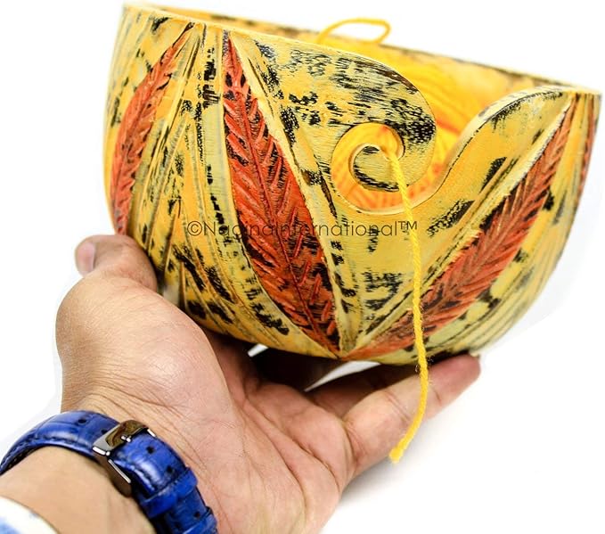 Nagina International Exquisite Premium Yarn Ball Storage Bowls | Hand Painted Lovely Decor Yet Functional Yarn Dispenser (Large (7 x 4 x 7 Inches), Autumn Yellow)