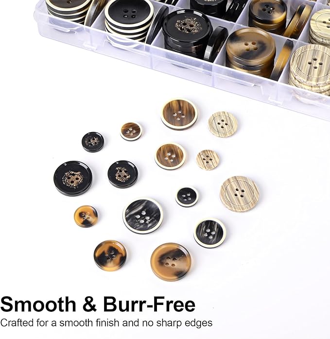 110Pcs Mixed Sewing Buttons, 4-Hole Craft Round Blazer Buttons, 5 Color 3 Size (15mm, 20mm, 25mm) Suit Coats Resin Button, Suitable for Variety Clothing Sewing, DIY Craft (Style D)