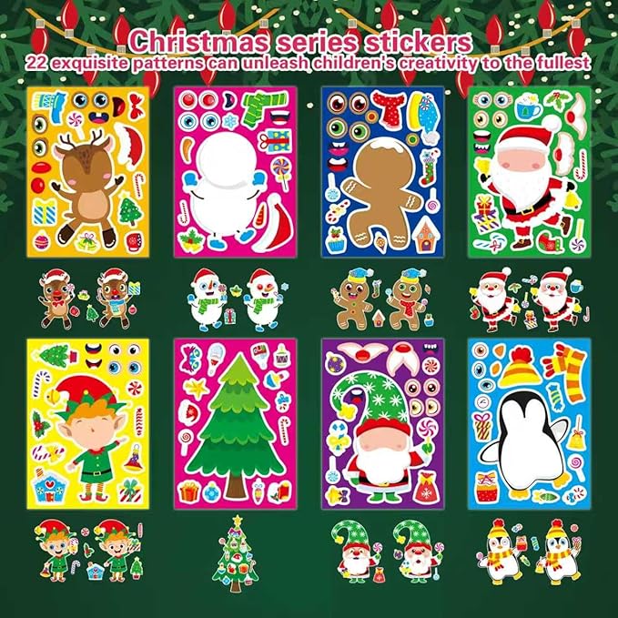 24 Sheets Christmas Stickers for Kids - Xmas Stocking Stuffers, Make-a-face Sticker, Make Your Own Stickers, Christmas Party Games Decorations, Winter Holiday Craft Supplies Xmas Gifts