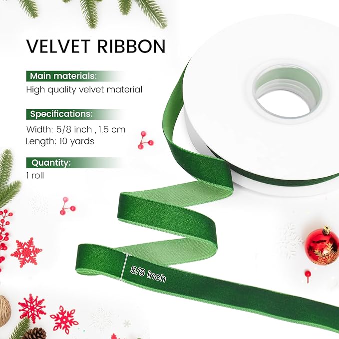 Green Velvet Ribbon, 5/8 inch 10 Yards Vintage Velvet Ribbons Perfect for Christmas Tree Ornaments, Gift Wrapping, Wedding Decoration, Bows, Sewing, Crafts, Wreath and More