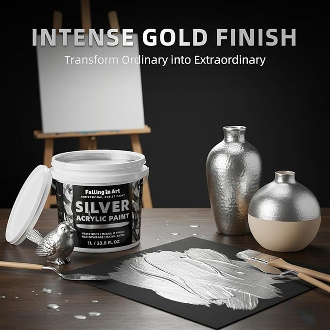 Falling in Art Silver Metallic Acrylic Paint, 33.8 Oz Heavy Body Silver Leaf Paint, Non-Toxic Art Paints for Metal, Furniture, Canvas, and DIY Crafts