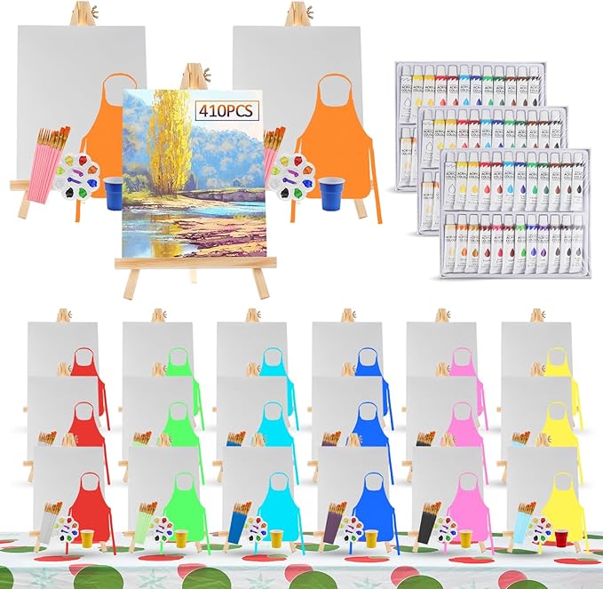 410 Pcs Art Painting Kit Supplies Set for to Party - 210 Paint Brushes, 72 Acrylic Paints, 21 Wood Easels & Canvas Panels & Palettes & Aprons & Wash Pen Cup, 3 Plastic Tablecloth