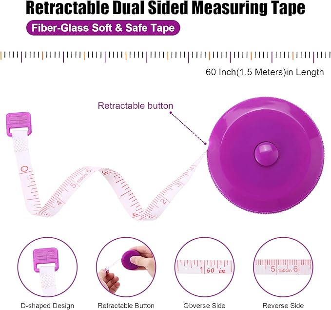 Tape Measure 150 Cm 60 Inch Push Button Tape Body Measuring Soft Retractable for Sewing Double-Sided Tailor Cloth Ruler (Purple) 3 Pack by BUSHIBU