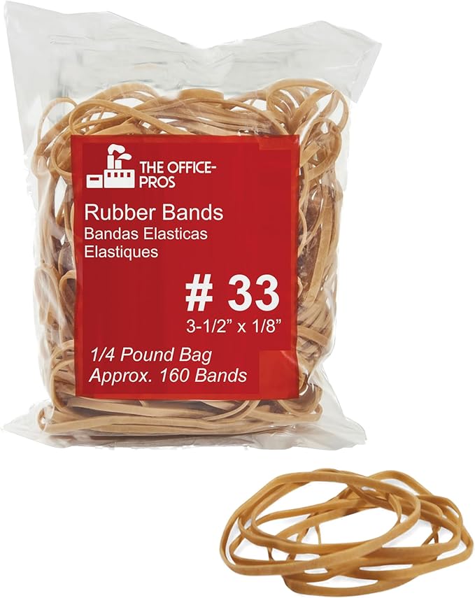 #33 Rubber Bands, All Purpose Rubber Bands, Natural Crepe, Approximately 160 Rubber Bands Per Bag, Rubber Band Measurements: 3-1/2" x 1/8'' - 1/4 Pound Bag