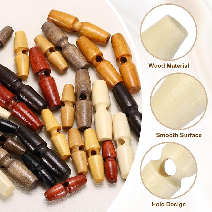 HARFINGTON 20pcs Wooden Toggle Buttons 40mm / 1.6" Single Hole Wood Olive Horn Sewing Buttons for Coat Sweaters Clothing DIY Craft, Red Coffee