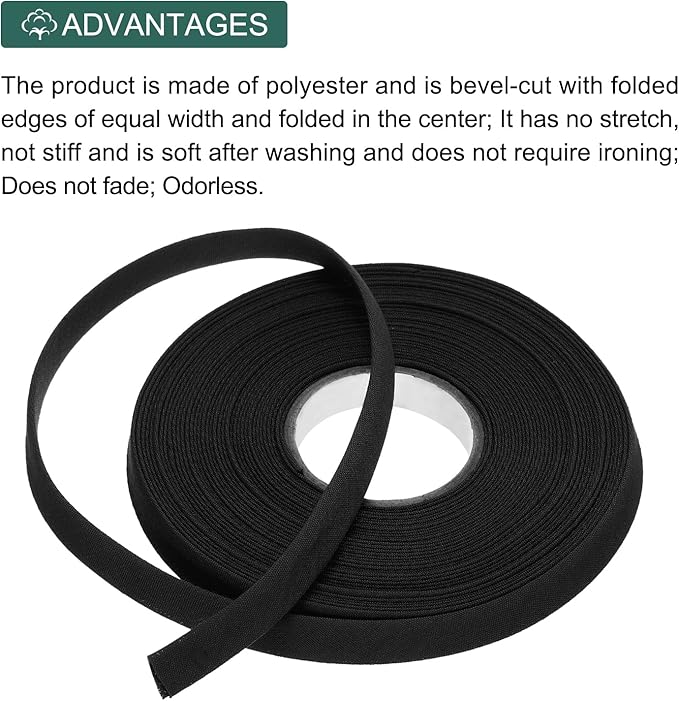 MECCANIXITY 2/5 Inch Double Fold Bias Tape Polyester Continuous Bulk Bias Tape for Sewing,Seaming Quilting Hemming Binding Crafts (Black 10 Yards)