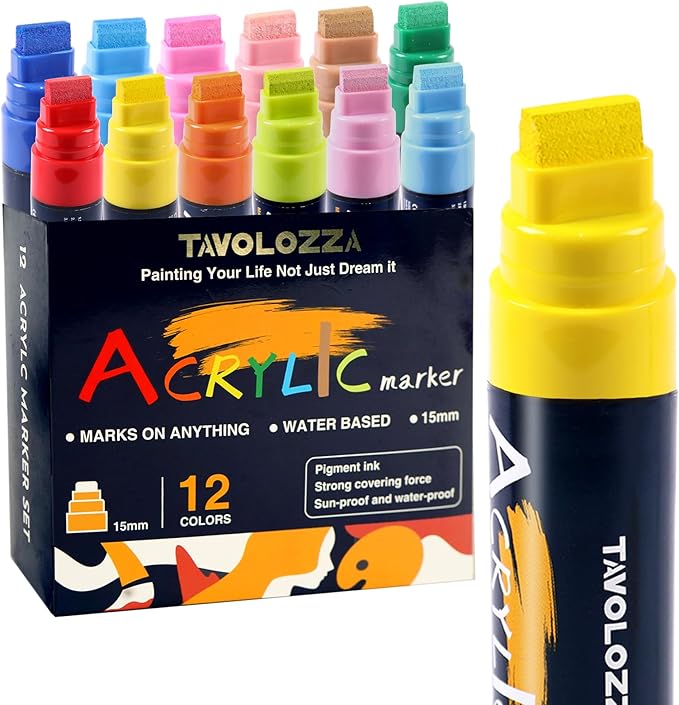 Tavolozza Fine Arts Jumbo Markers 12 Colors - 15mm Wide Felt Tip Acrylic Window Markers, Versatile Marker for Poster Board, Rock, Stone, Glass, Wood, Ceramic, Metal, Plastic, Banner & Fabric