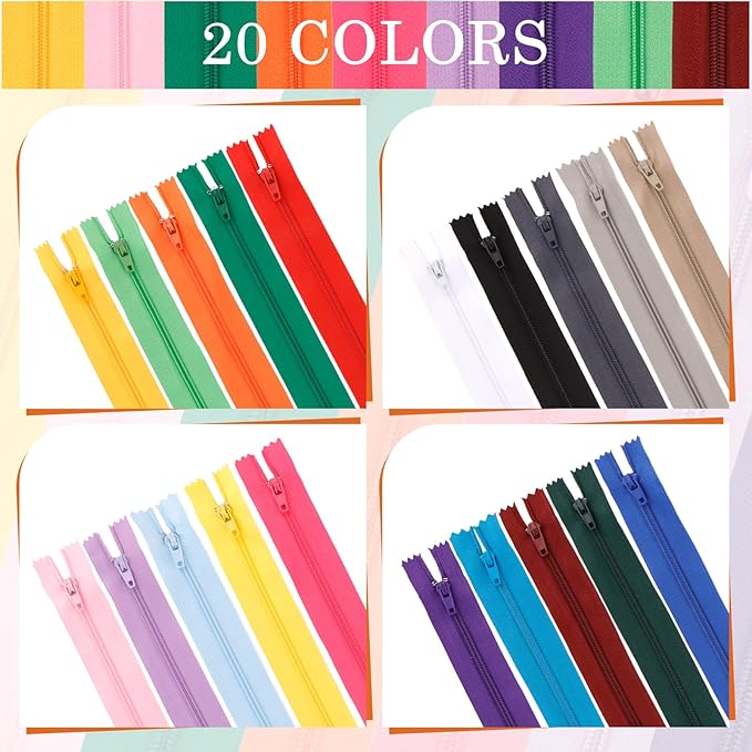 Zippers for Making Bags & Pouches - 100 PCS Nylon 8Inch Colorful Zippers for Sewing Crafts Projects - 20 Colors