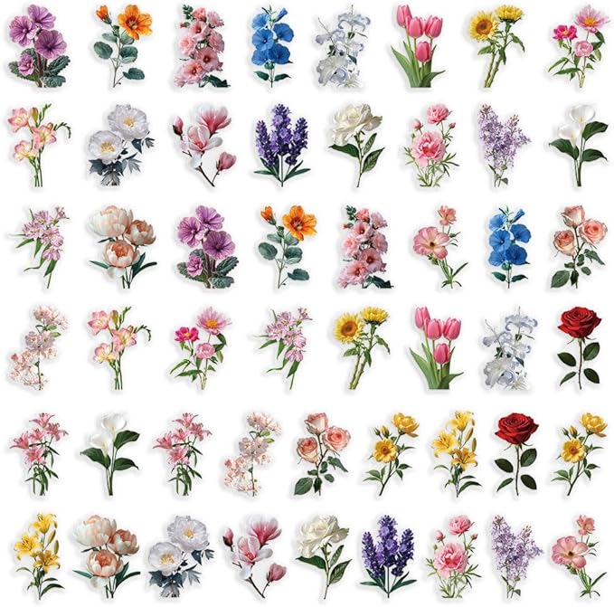 Various Colorful Flowers Stickers for Teens Boy Girls|50 Pcs|Unique Vinyl Waterproof Stickers for Laptop Computer Phone Tablet Flasks Notebook Scrapbook Water Bottle,Exquite Decals Pack(Flowers)