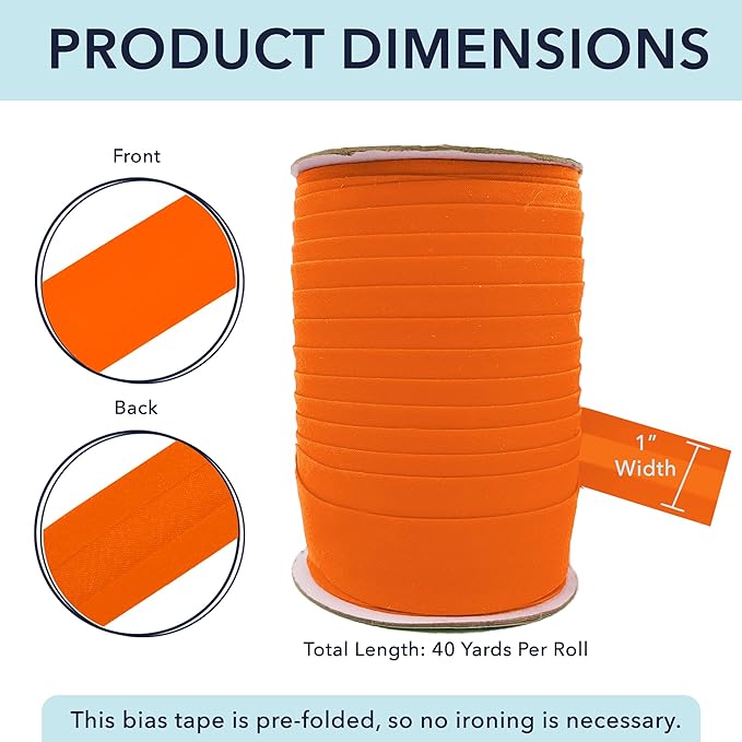 Mandala Crafts 1 Inch Single Fold Bias Tape for Sewing, Quilting, Piping, Hemming, Blanket & Quilt Binding – 40 Yards Orange Fabric Seam Binding Tape