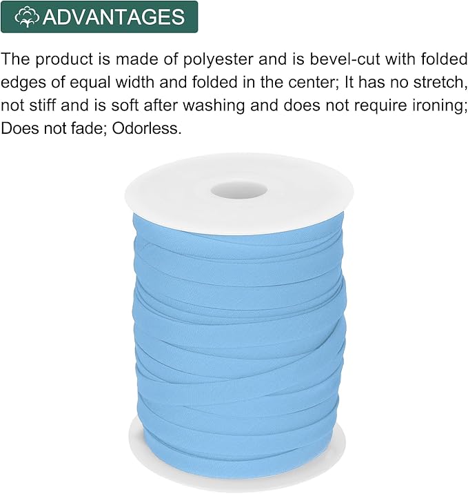 MECCANIXITY 2/5 Inch Double Fold Bias Tape Polyester Continuous Bulk Bias Tape for Sewing,Seaming Quilting Hemming Binding Crafts (Light Blue 55 Yards)